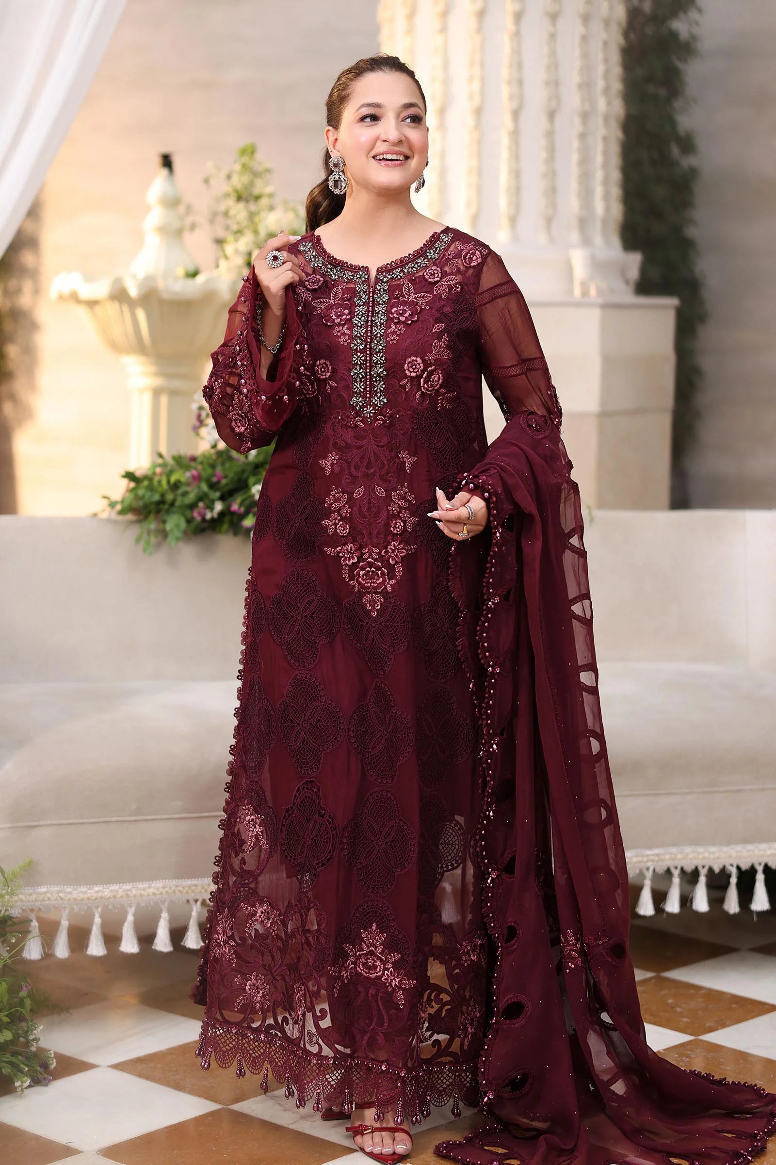 Tea Affair Embroidered Chiffon by Maria.B (MPC-26-108-Burgundy)