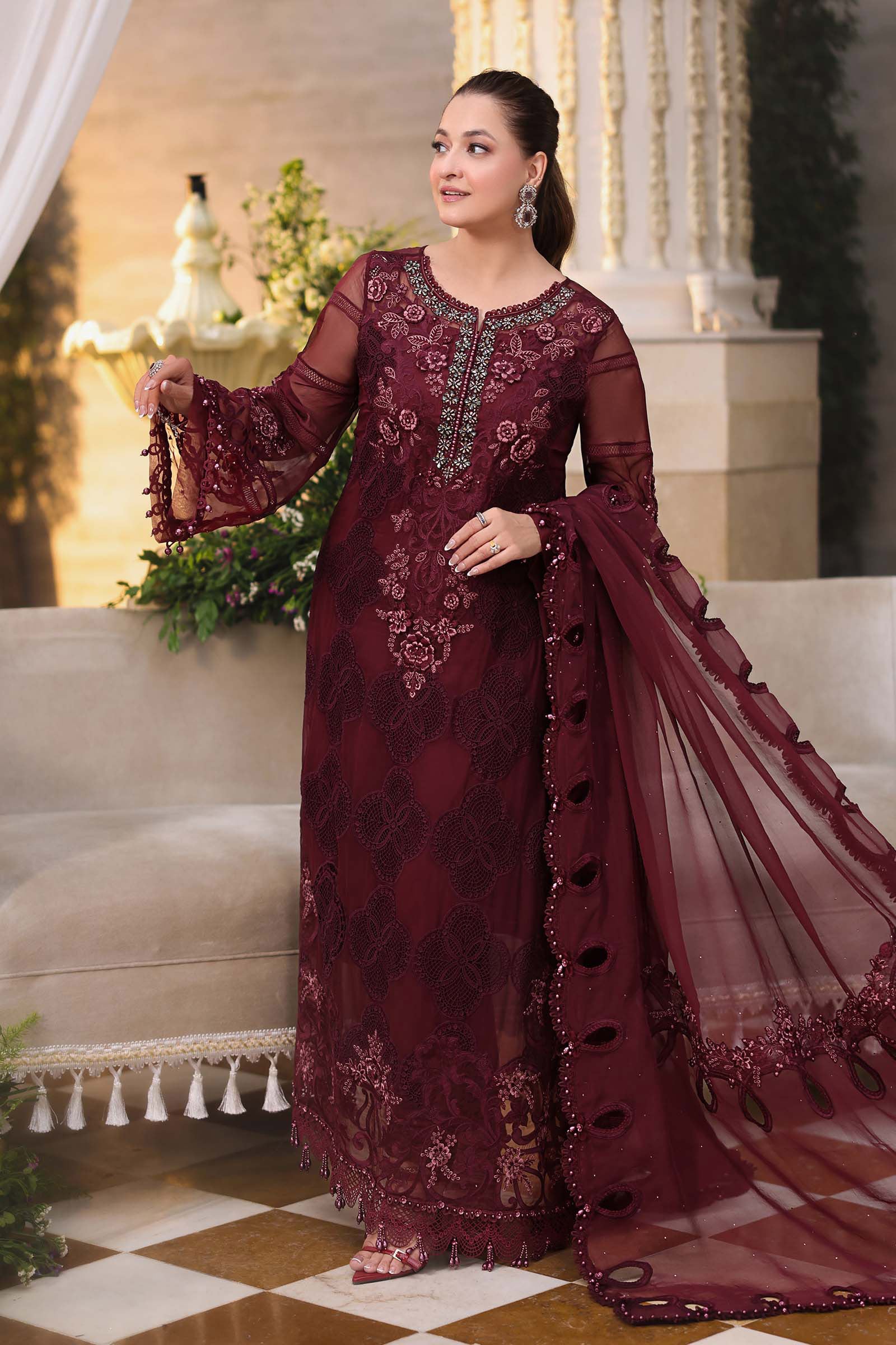 Tea Affair Embroidered Chiffon by Maria.B (MPC-26-108-Burgundy)