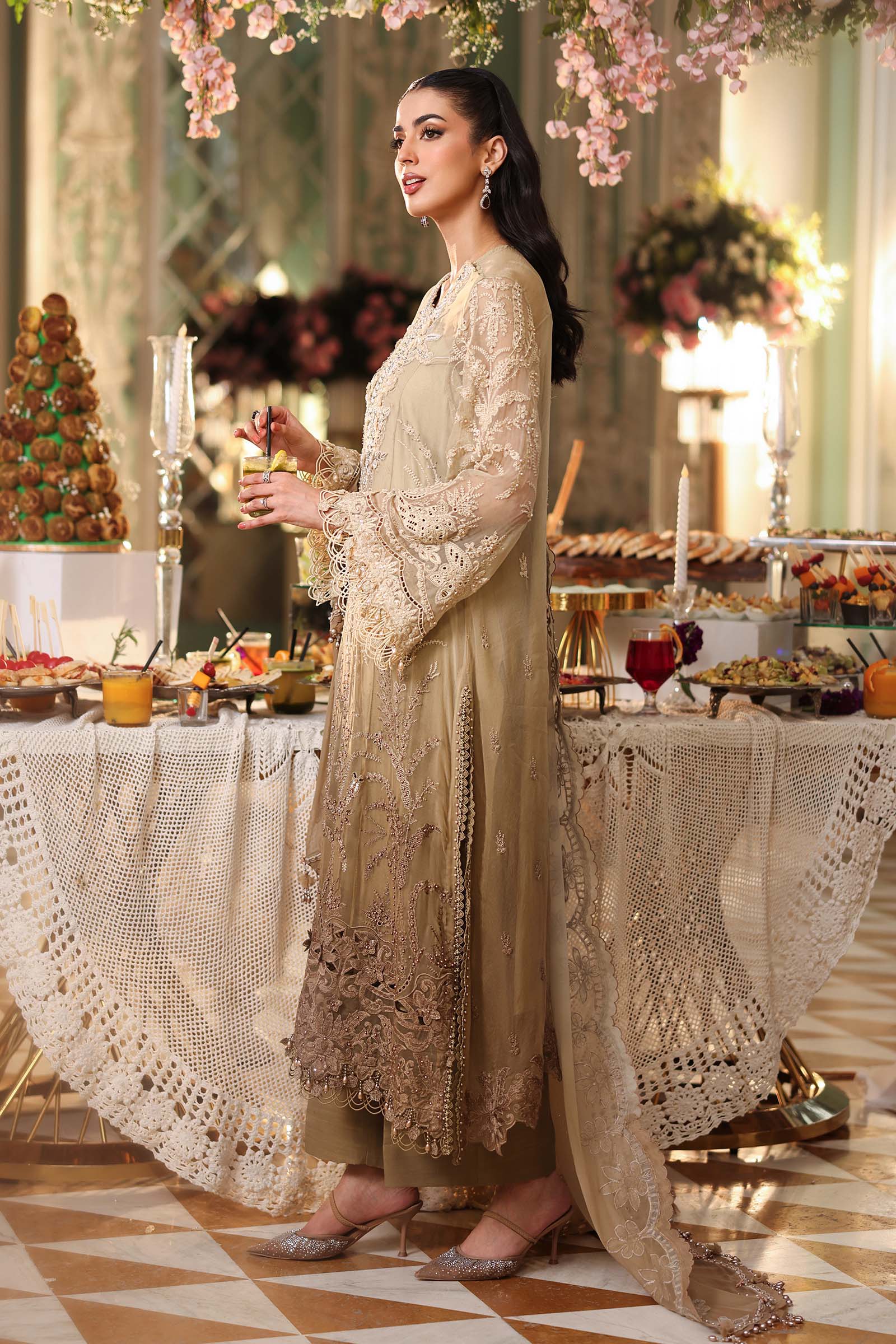 Tea Affair Embroidered Chiffon by Maria.B MPC-26-103-Olive Gold