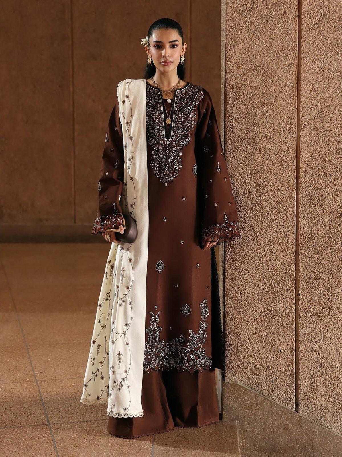 RajBari Premium Embroidered Peach Unstitched 3Pc Suit D-08