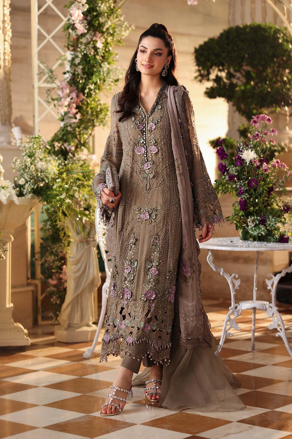 Tea Affair Embroidered Chiffon by Maria.B (MPC-26-102-Muted Mocha Brown)