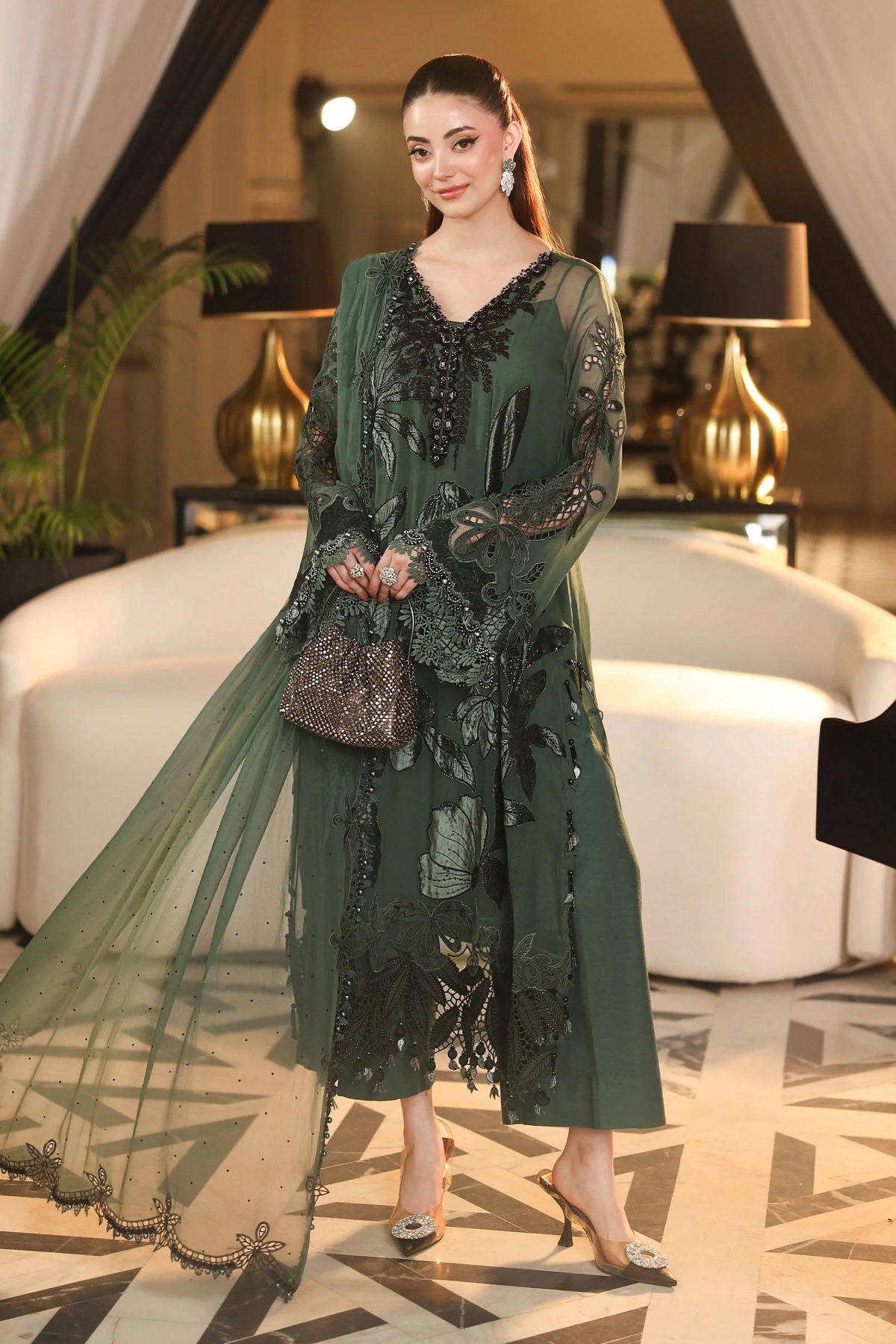 ROYALE TEA AFFAIR CHIFFON UNSTITCHED COLLECTION'26 ( MPC-26-207-Pine Green )