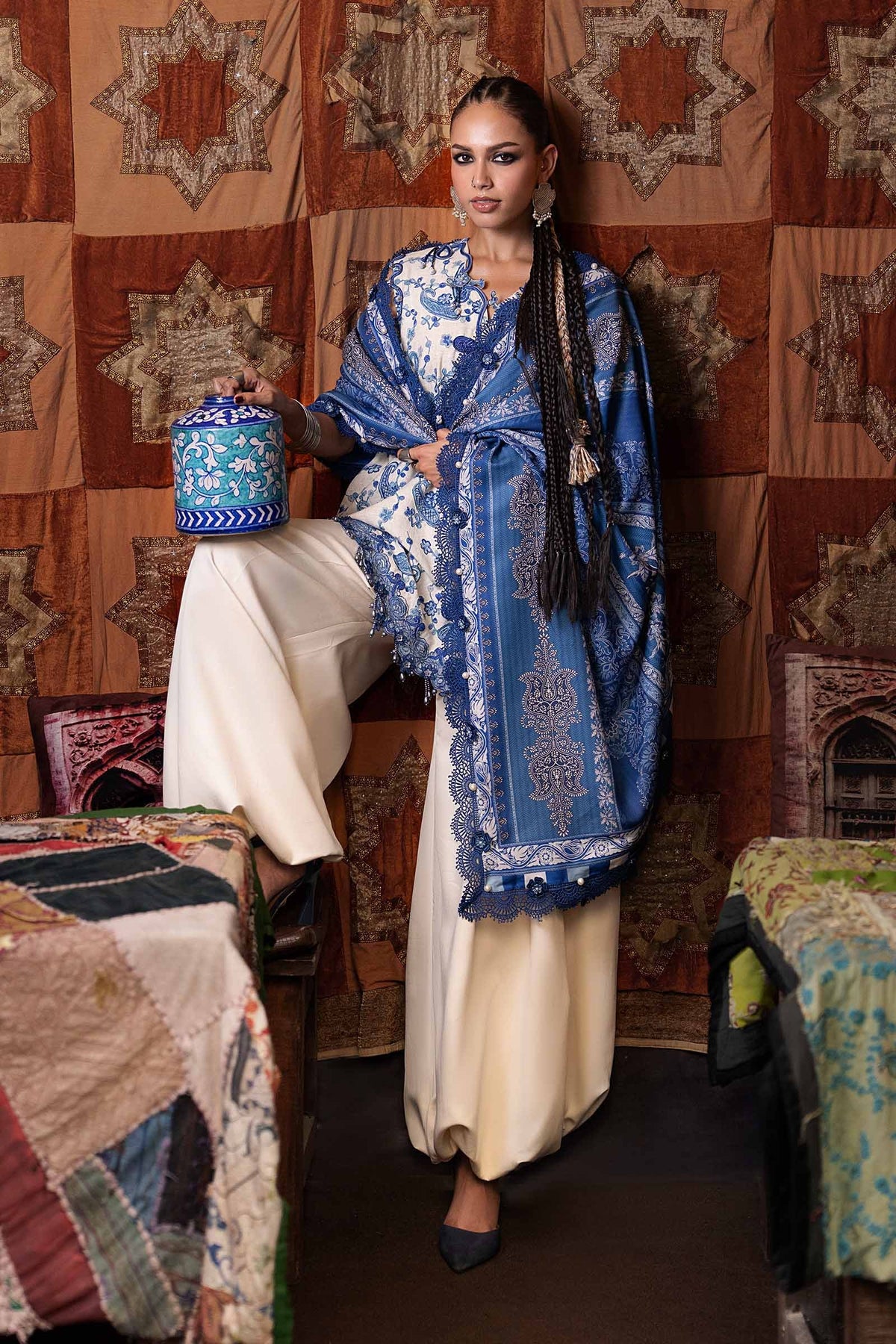 3 Piece Unstitched Embroidered Dobby Linen Suit By M.Prints Vol-31  ( 08-A )