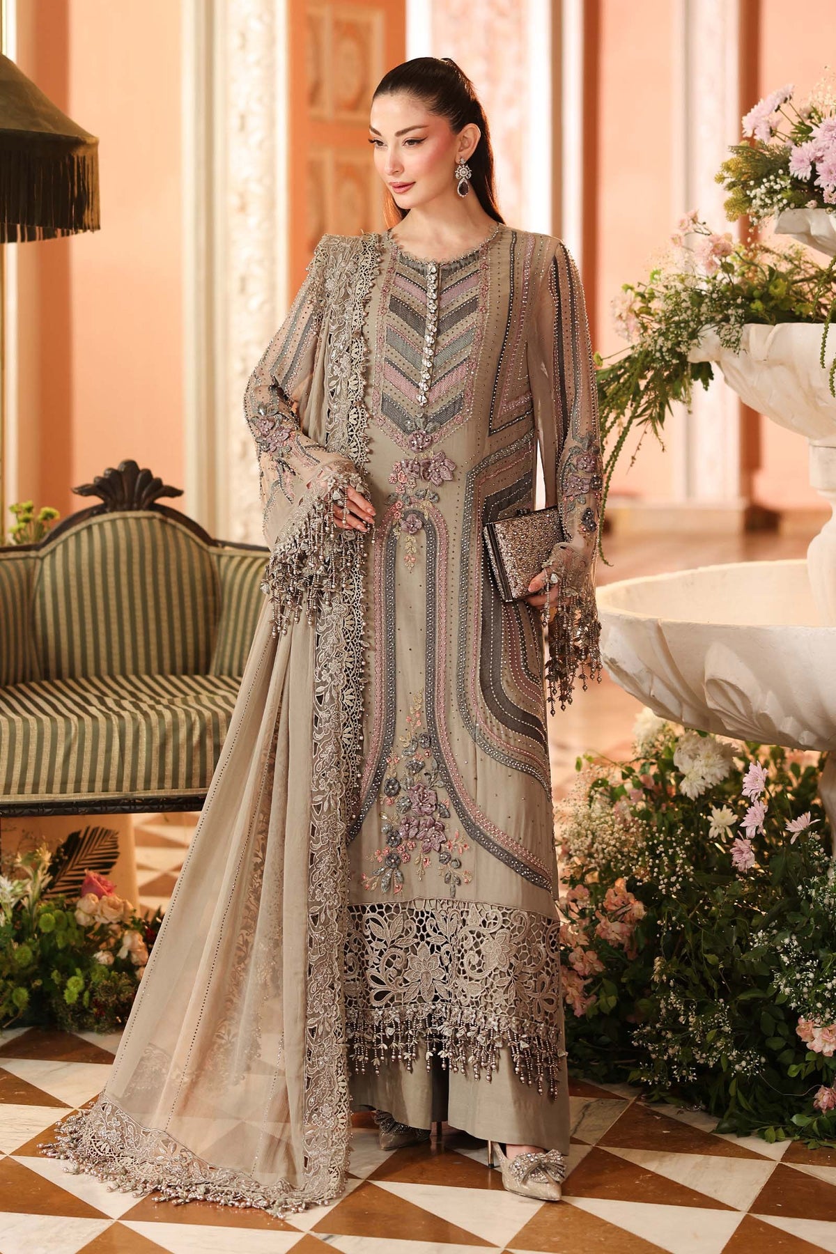 ROYALE TEA AFFAIR CHIFFON UNSTITCHED COLLECTION'26 ( MPC-26-201-Antique Grey )